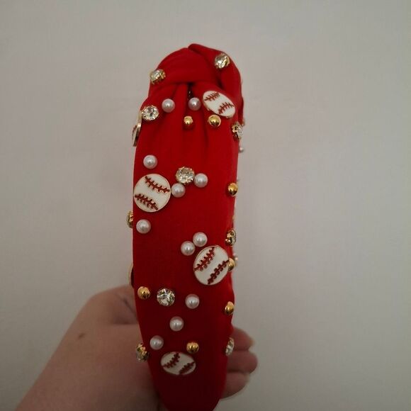 Red Knot Embellished Baseball Pearls Headband - Picture 6 of 6